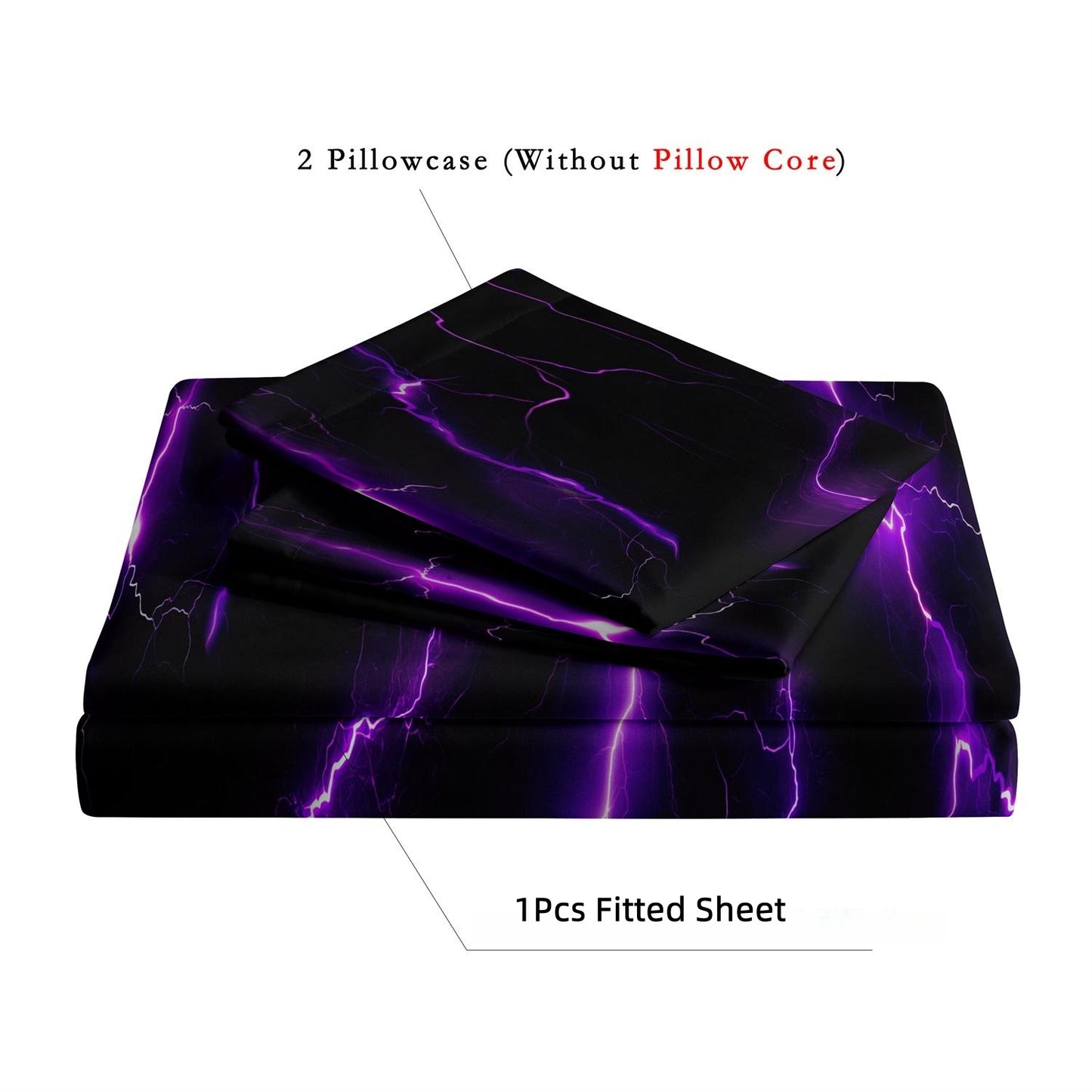 3D Purple Lightning Fitted Sheet Set, Gamer Thunderbolt Soft Bed Sheet with Pillowcases