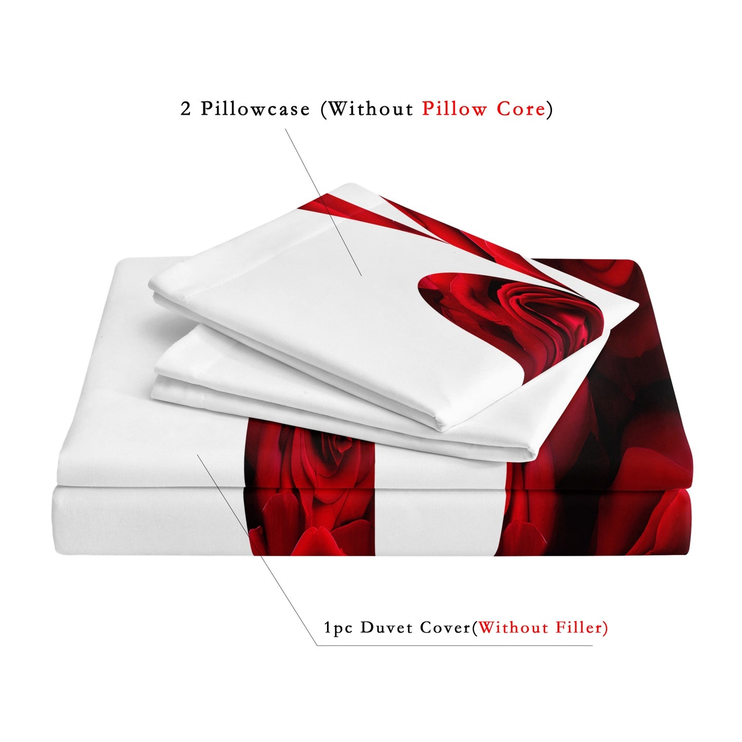 3Pcs Dreammers Red Rose Heart Love Duvet Cover Set, Romantic Soft Bedding Set with Pillowcases