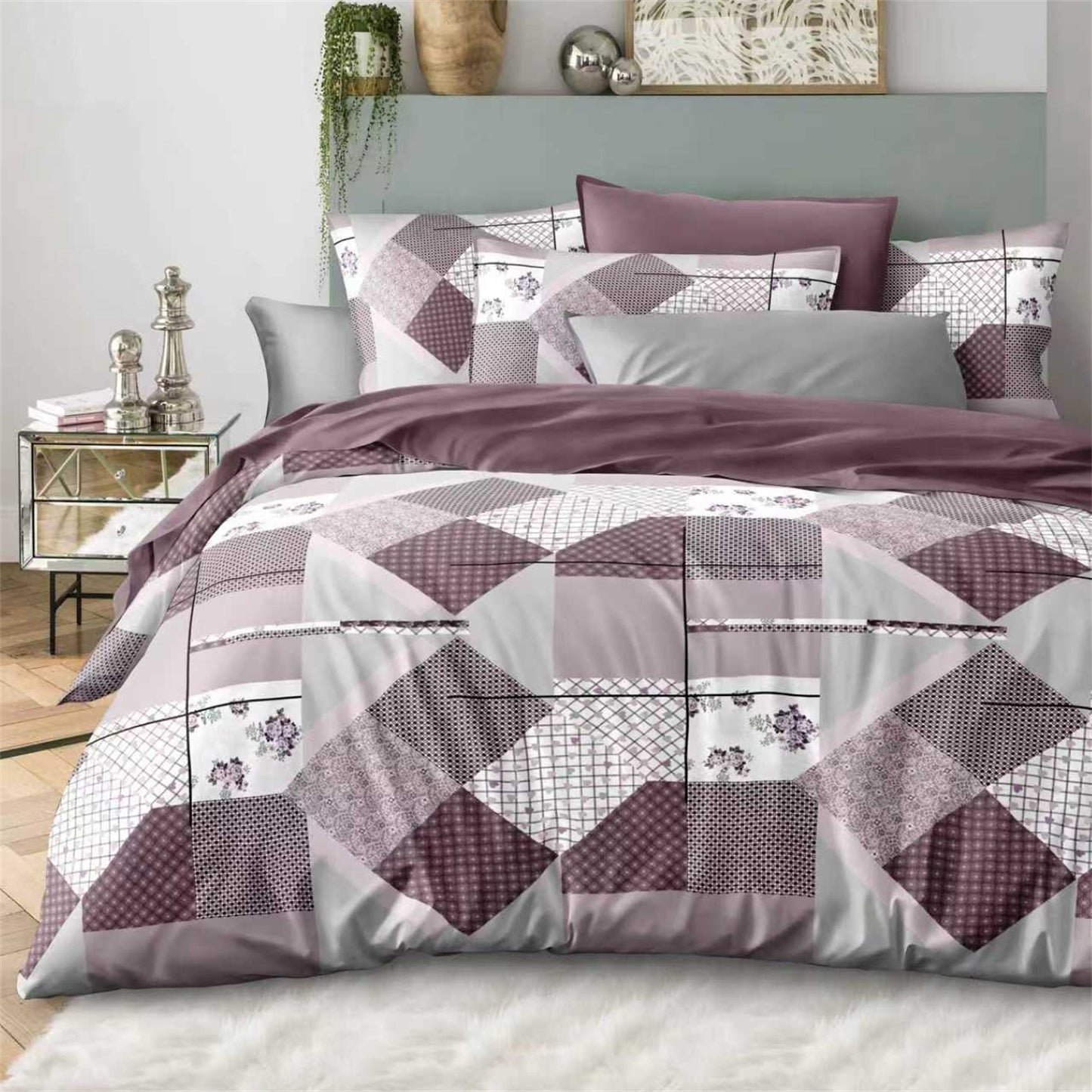 3Pcs Taro Purple Geometry Printed Quilt Duvet Cover Bedding Set