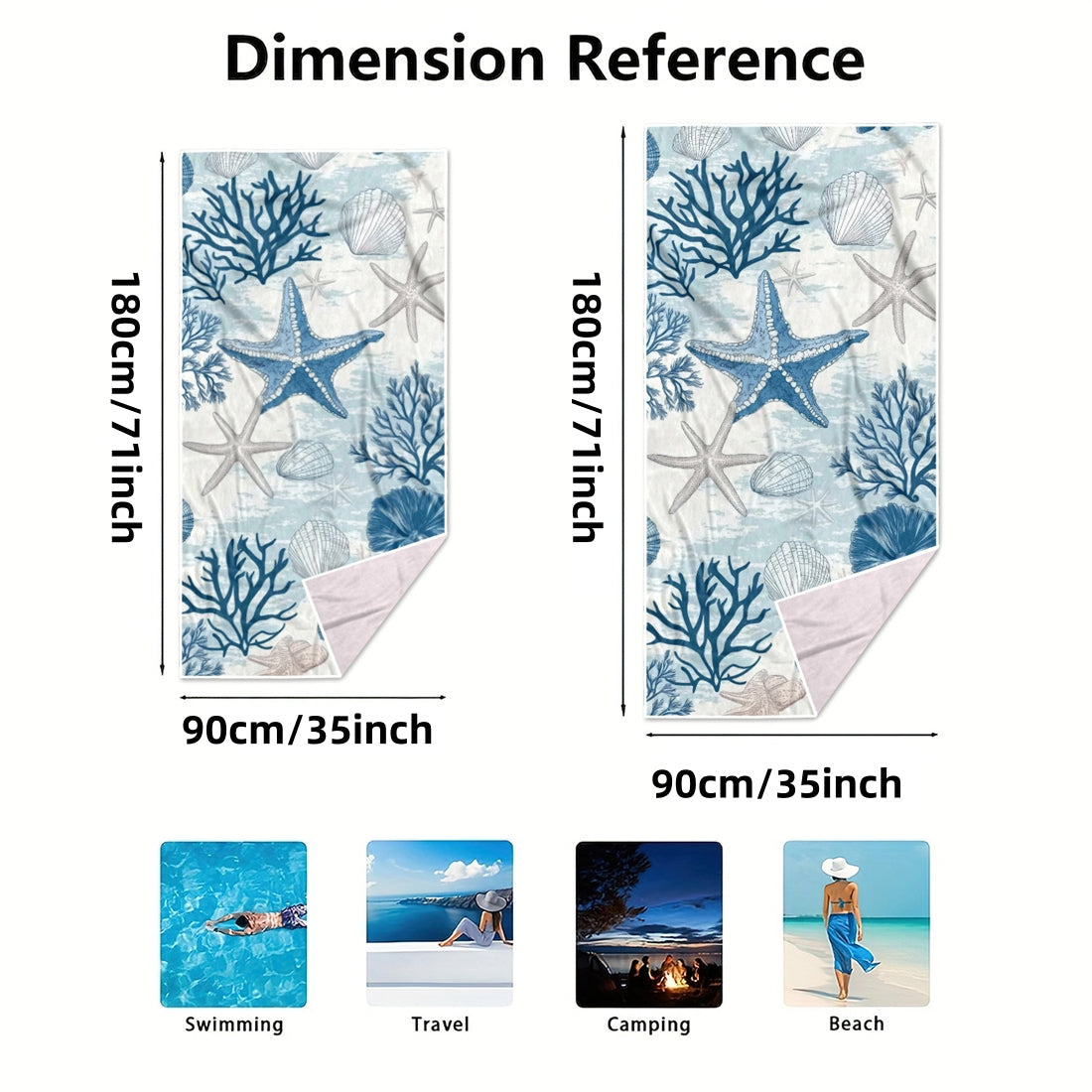 Dreammers Blue White Starfish Coral Beach Towel, Coastal Ocean Quick Dry Soft Bath Towel