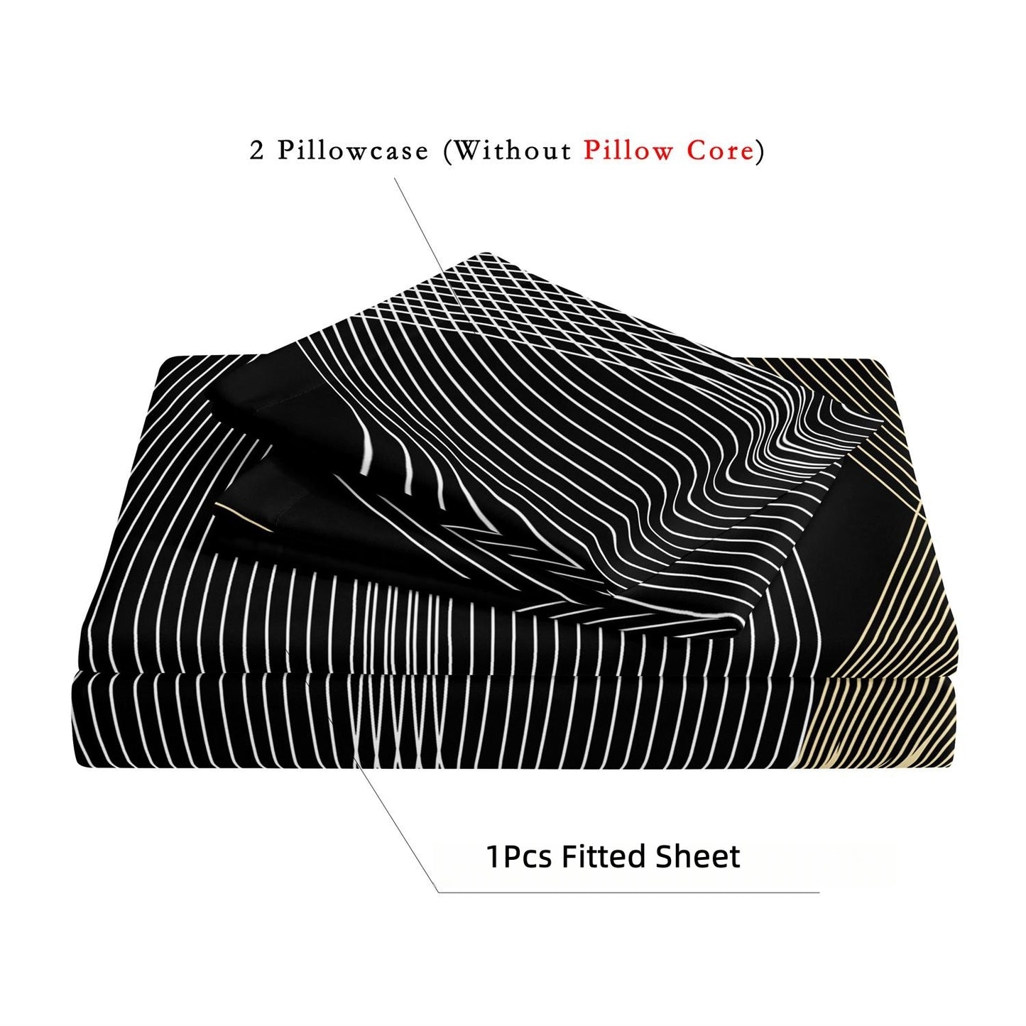 Luxury Gold Black Wave Geometric Fitted Sheet Set, Modern Abstract Soft Bed Sheet with Pillowcases
