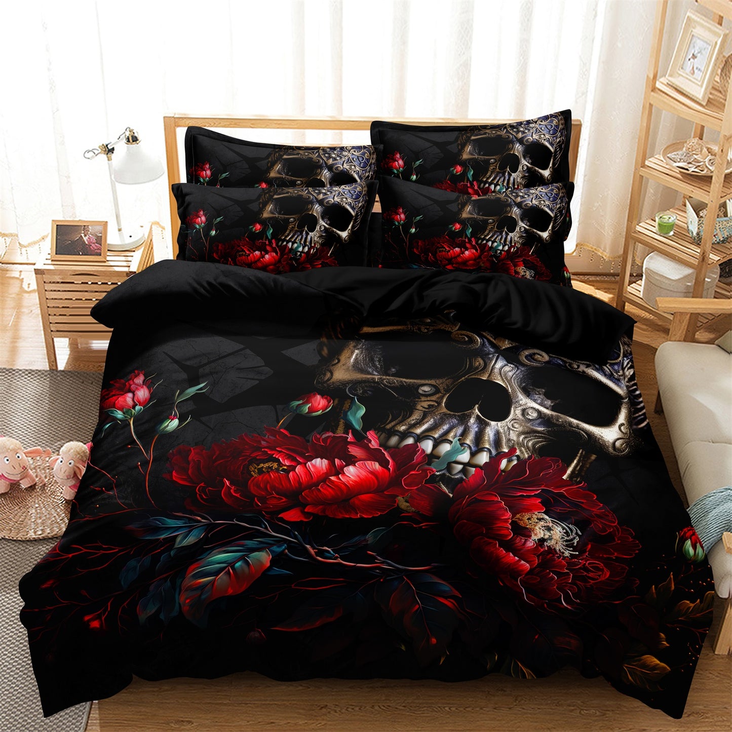 Dreammers Gothic Skull Red Rose Duvet Cover Set, Dark Floral Soft Bedding Set with Pillowcases
