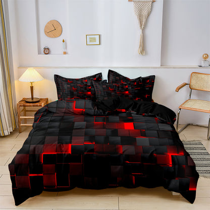 3Pcs Dreammers 3D Red Black Geometric Duvet Cover Set, Modern Soft Bedding Set with Pillowcases