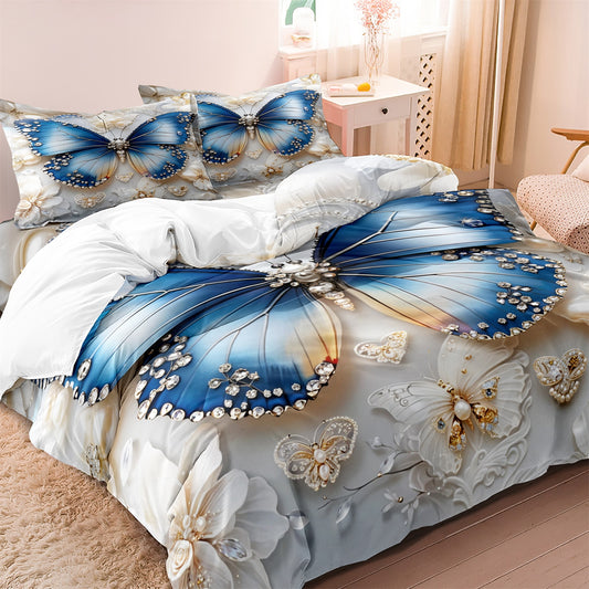 Dreammers Luxury 3D Blue Butterfly Jewelry Duvet Cover Set, Elegant Floral Soft Bedding Set with Pillowcases