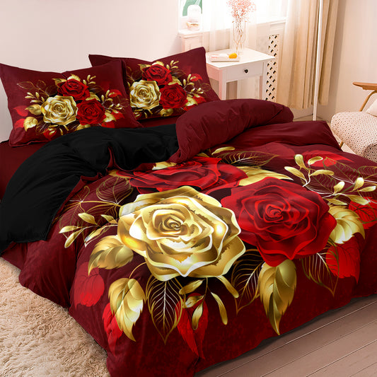 Dreammers Luxury Red Gold Rose Duvet Cover Set, Elegant Floral Soft Bedding Set with Pillowcases