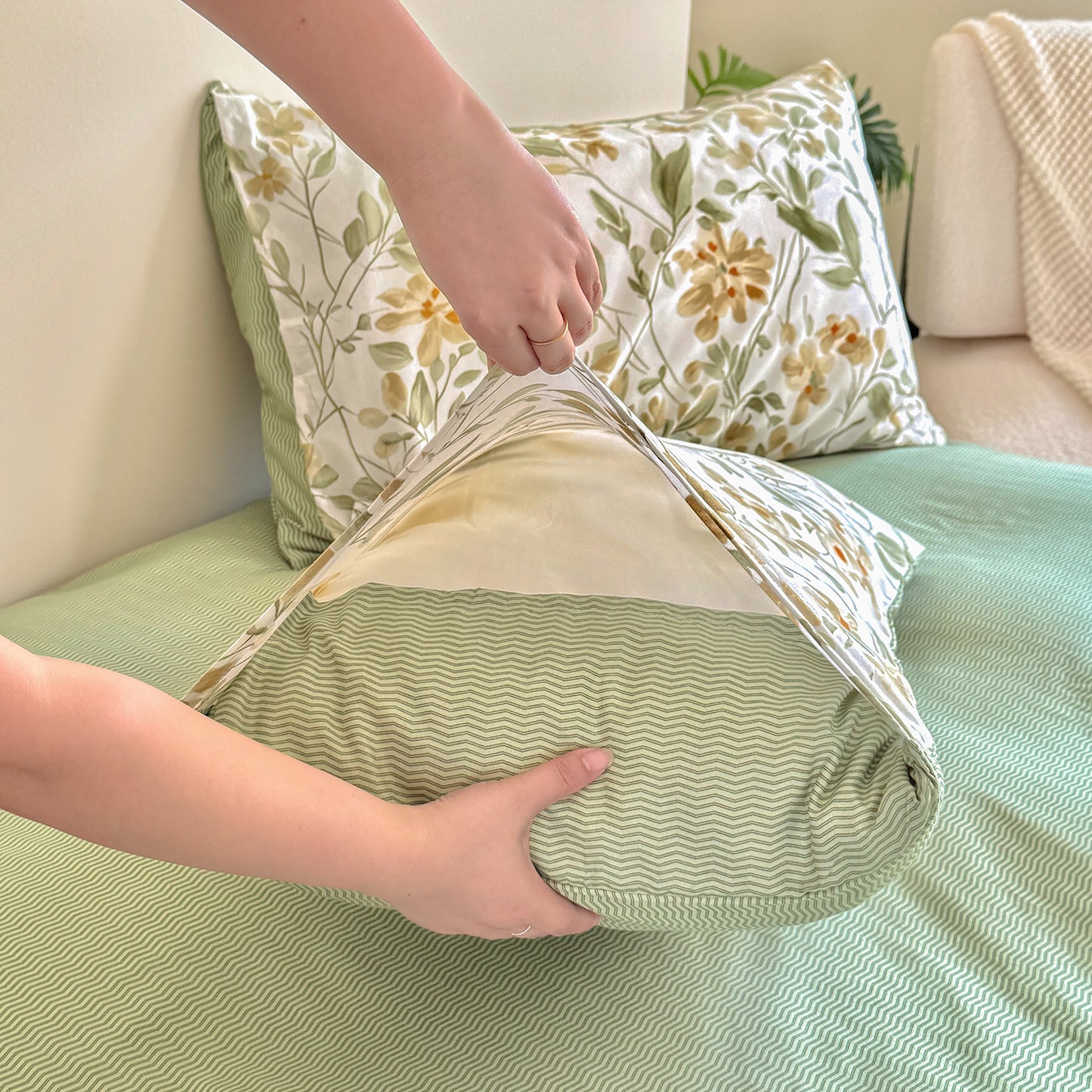 3Pcs Grass Green Double Sided Plant Printed Quilt Duvet Cover Bedding Set