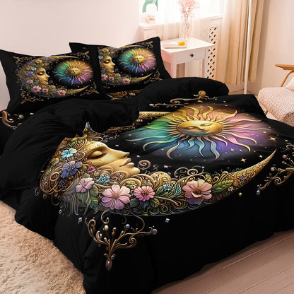 Dreammers Boho Sun Moon Floral Duvet Cover Set, Mystical Celestial Soft Bedding Set with Pillowcases
