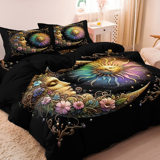 Dreammers Boho Sun Moon Floral Duvet Cover Set, Mystical Celestial Soft Bedding Set with Pillowcases