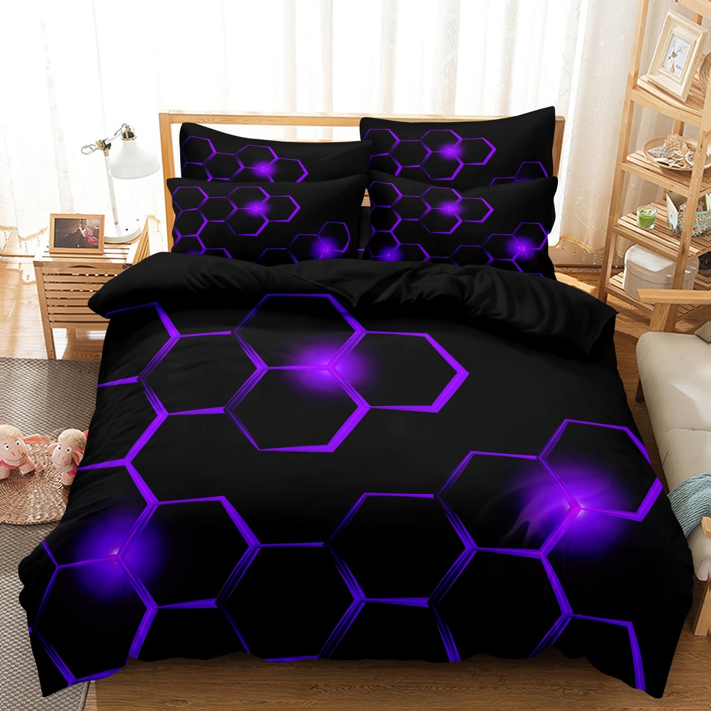 Dreammers 3D Purple Hexagon Duvet Cover Set, Modern Gamer Soft Bedding Set with Pillowcases