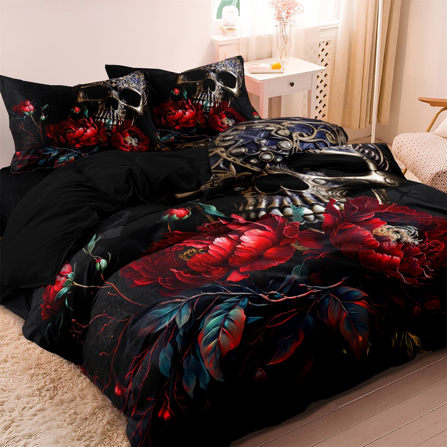 Dreammers Gothic Skull Red Rose Duvet Cover Set, Dark Floral Soft Bedding Set with Pillowcases