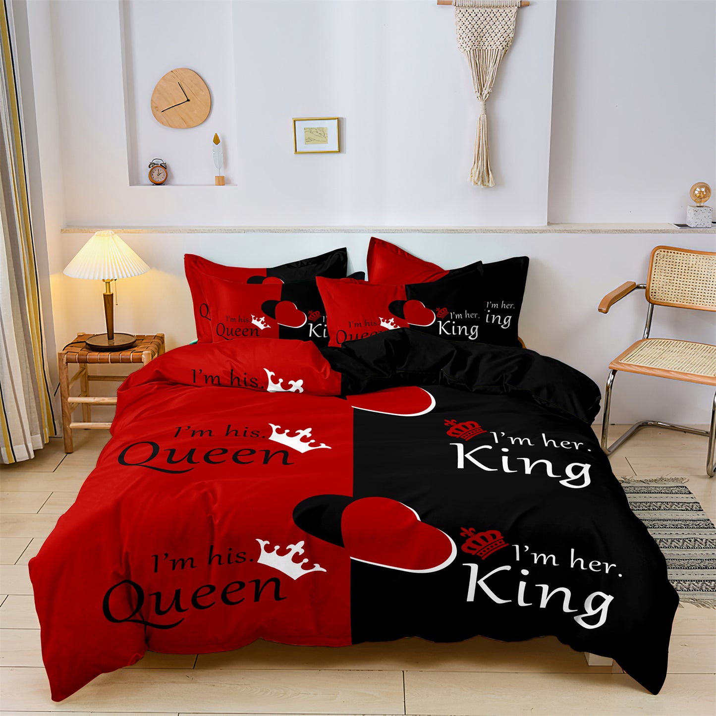 Dreammers Queen King Red Black Couple Duvet Cover Set, His Hers Romantic Soft Bedding Set with Pillowcases