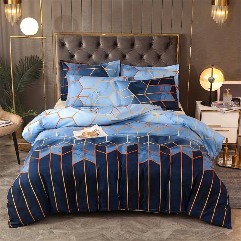 3Pcs Blue Geometry Printed Quilt Duvet Cover Bedding Set