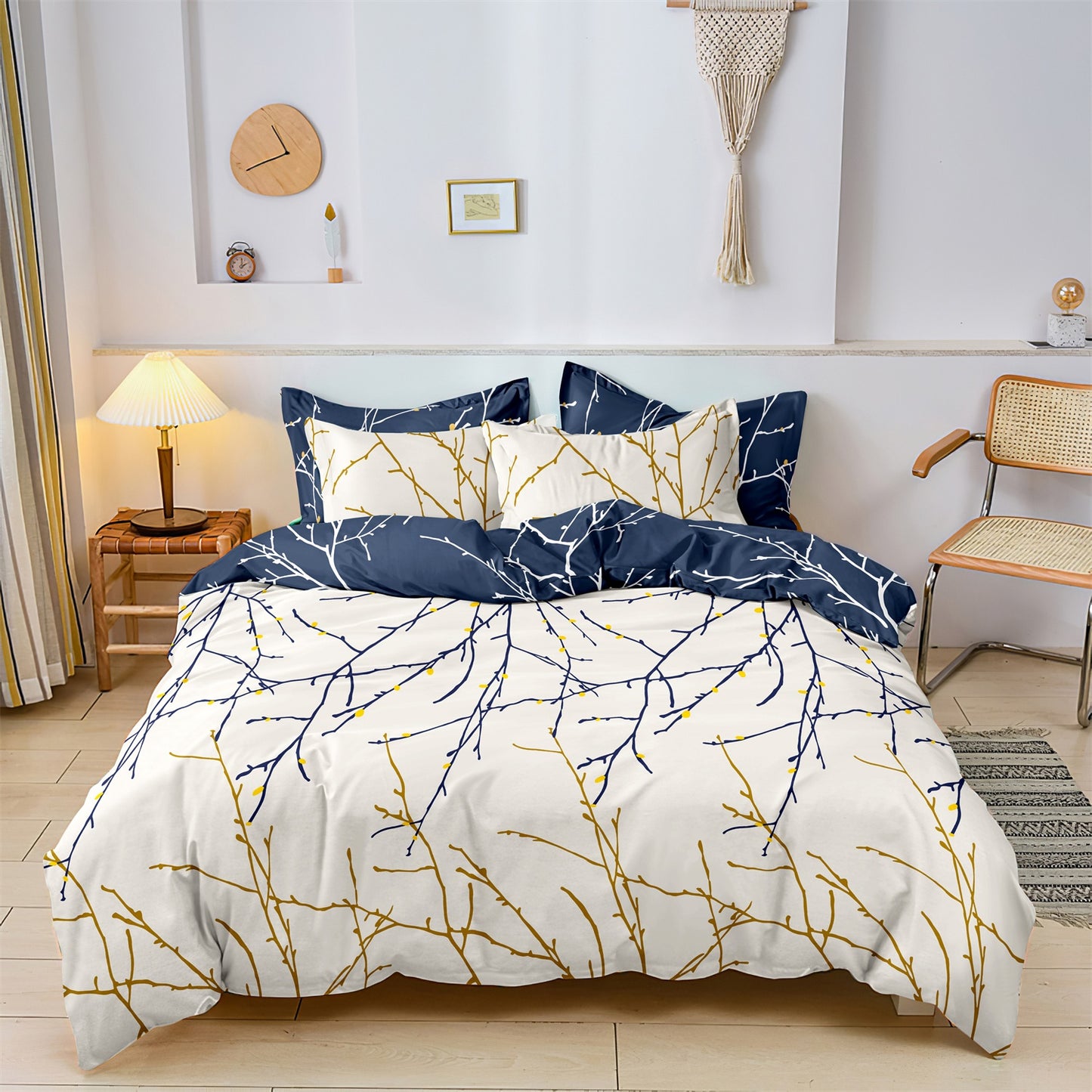 Dreammers Navy Blue Gold Branch Duvet Cover Set, Modern Botanical Soft Bedding Set with Pillowcases