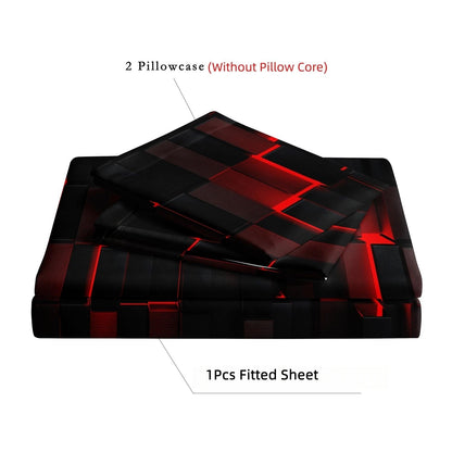 Dreammers 3D Red Black Cube Fitted Sheet, Gamer Geometric Soft Bed Sheet Set with Pillowcases