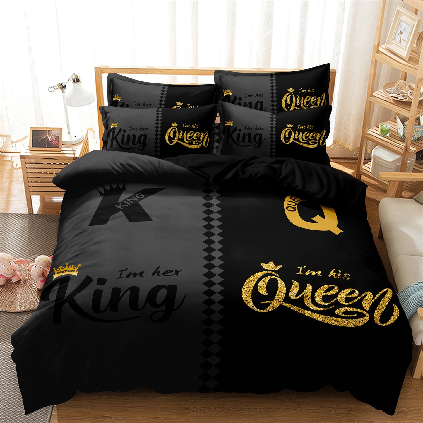 Dreammers King Queen Crown Glitter Couple Duvet Cover Set, His Hers Romantic Luxury Soft Bedding Set with Pillowcases