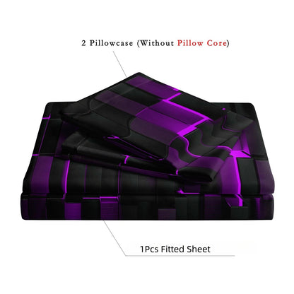 3D Purple Black Geometric Cube Fitted Sheet Set, Gamer Pixelated Soft Bed Sheet with Pillowcases
