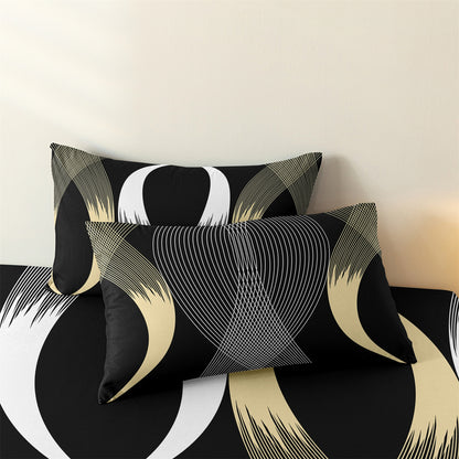 Luxury Gold Black Wave Geometric Fitted Sheet Set, Modern Abstract Soft Bed Sheet with Pillowcases