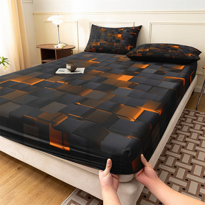 3D Orange Black Cube Fitted Sheet Set | Gamer Geometric Bedding