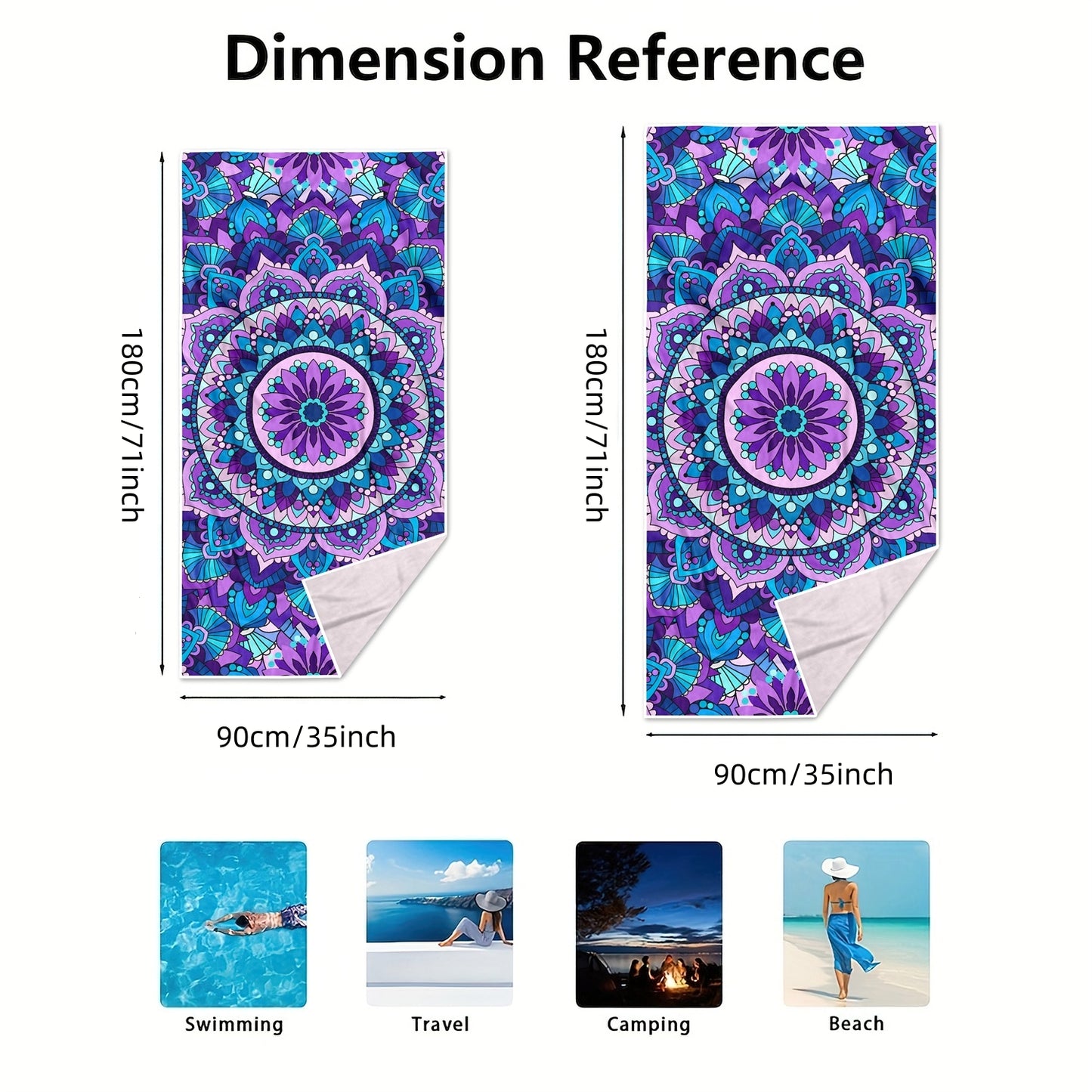 Dreammers Purple Blue Mandala Beach Towel, Boho Bohemian Quick Dry Soft Bath Towel