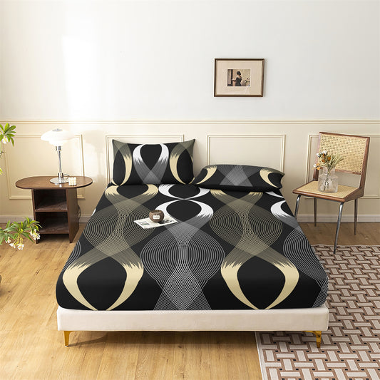 Luxury Gold Black Wave Geometric Fitted Sheet Set, Modern Abstract Soft Bed Sheet with Pillowcases