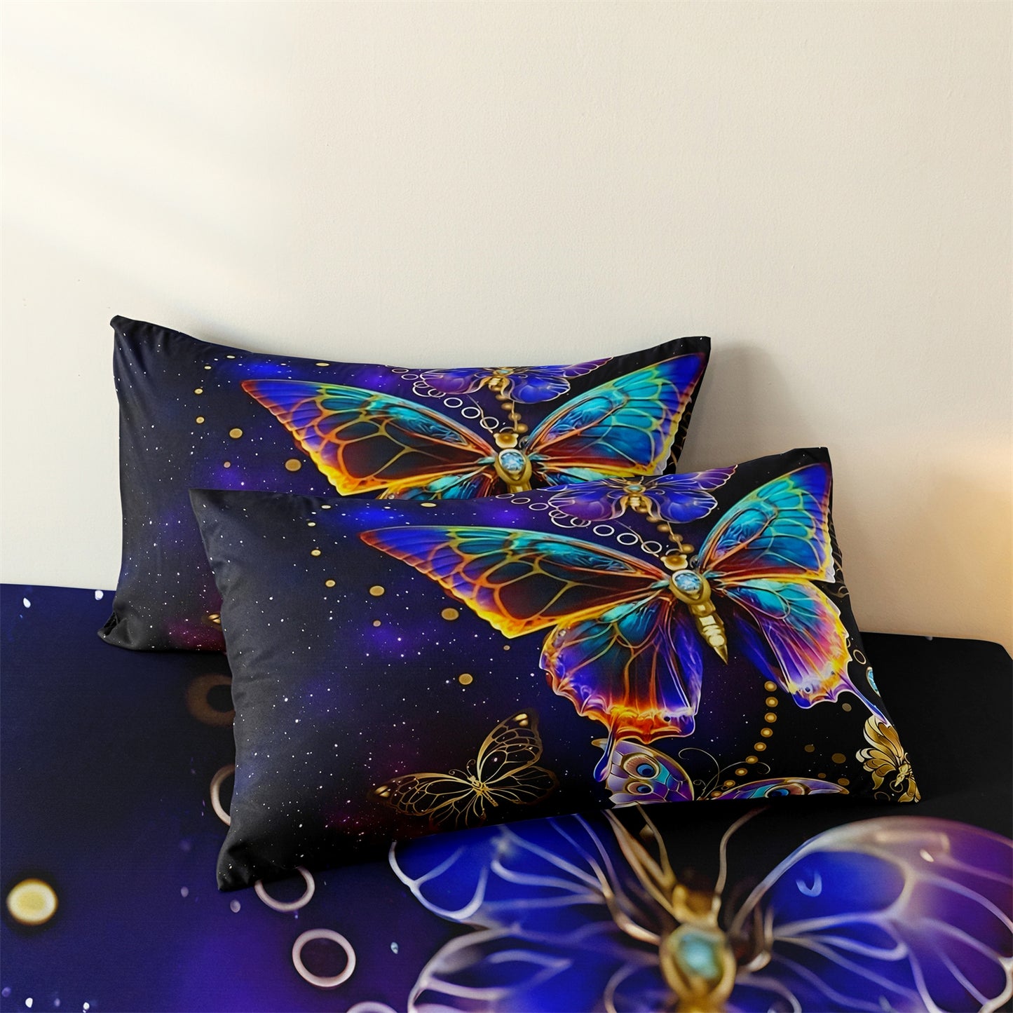 Galaxy Butterfly Fitted Sheet Set, Colorful Starry Sky Soft Bed Sheet with Pillowcases