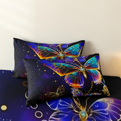 Galaxy Butterfly Fitted Sheet Set, Colorful Starry Sky Soft Bed Sheet with Pillowcases