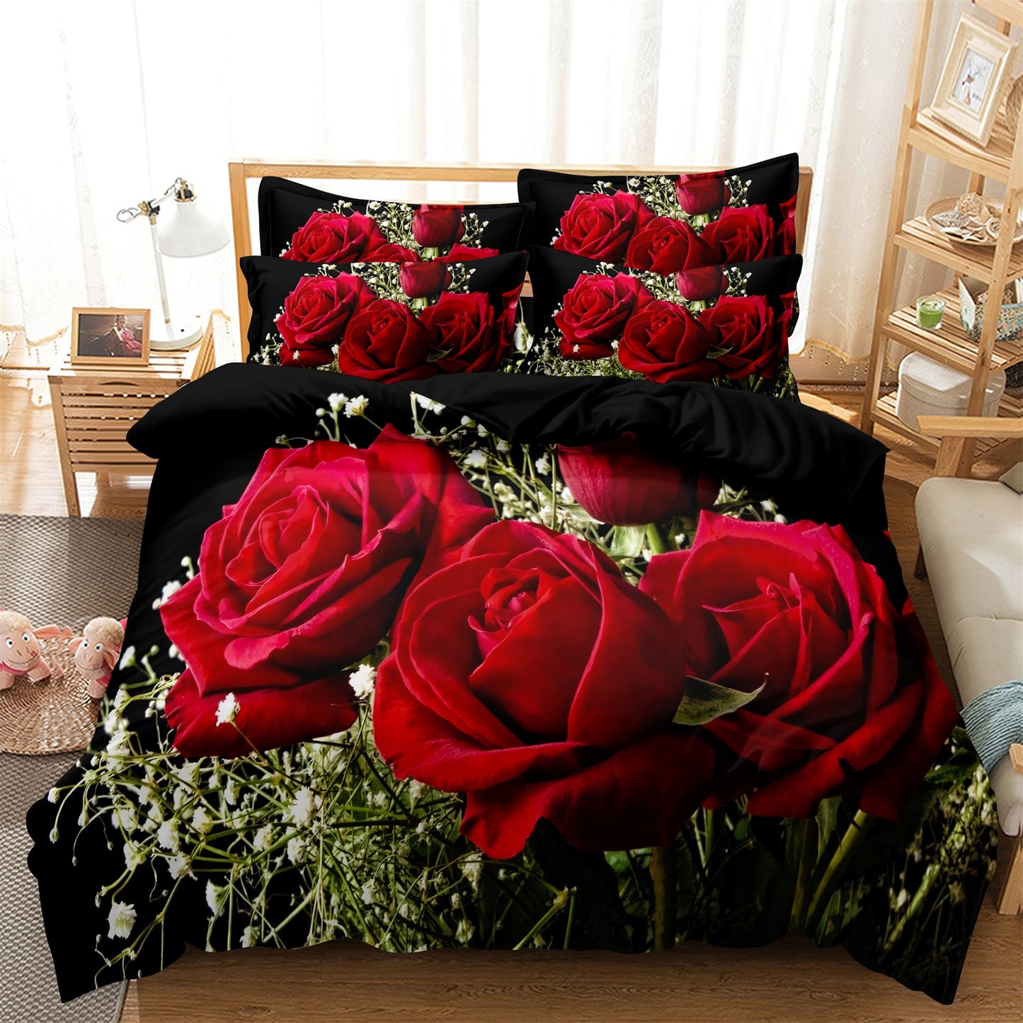 Dreammers Red Rose Gypsophila Duvet Cover Set, Romantic Floral Soft Bedding Set with Pillowcases
