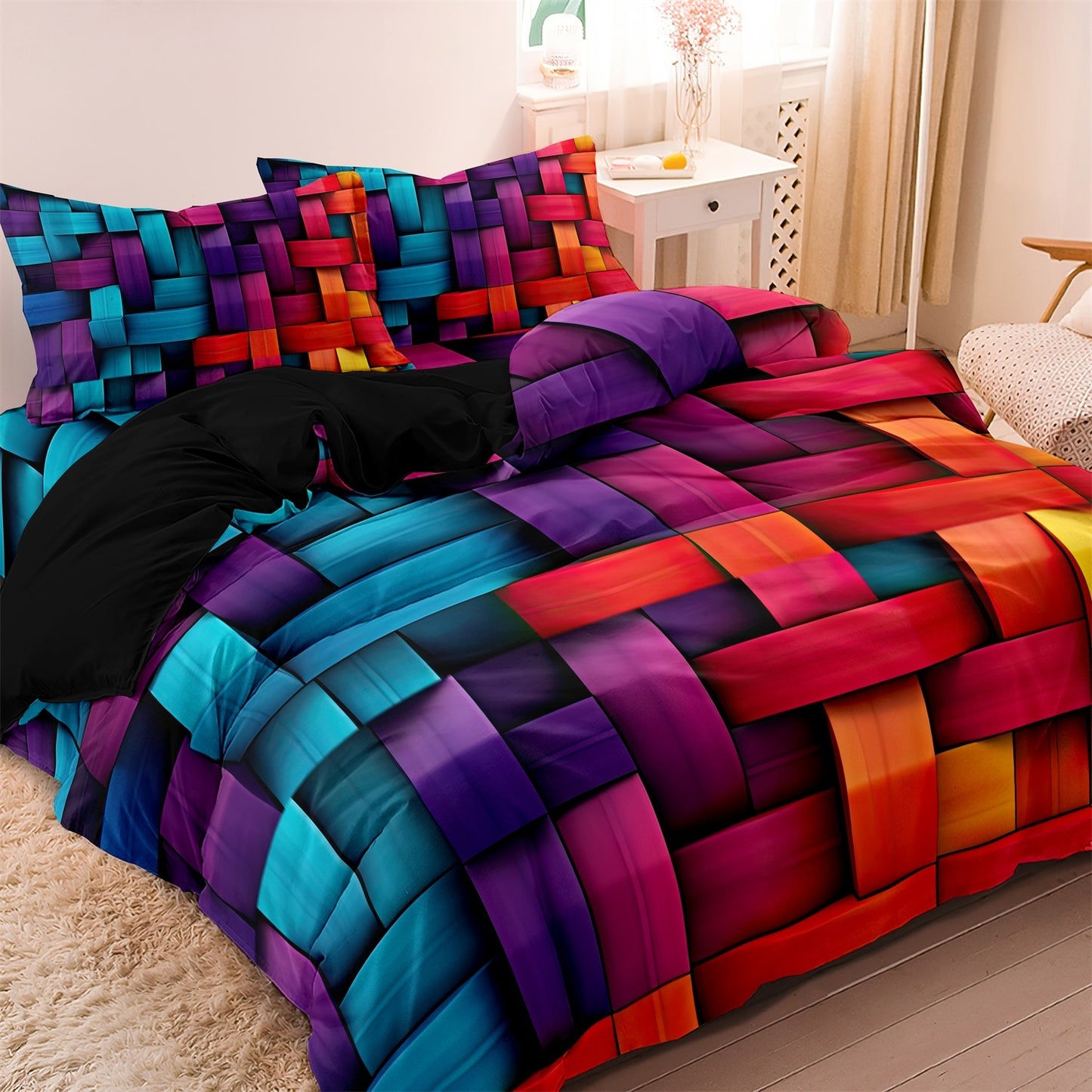 Dreammers Colorful Woven Geometric Duvet Cover Set, Vibrant Soft Bedding Set with Pillowcases