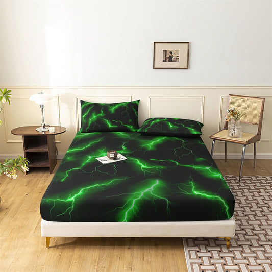3D Green Lightning Fitted Sheet Set, Gamer Thunderbolt Soft Bed Sheet with Pillowcases