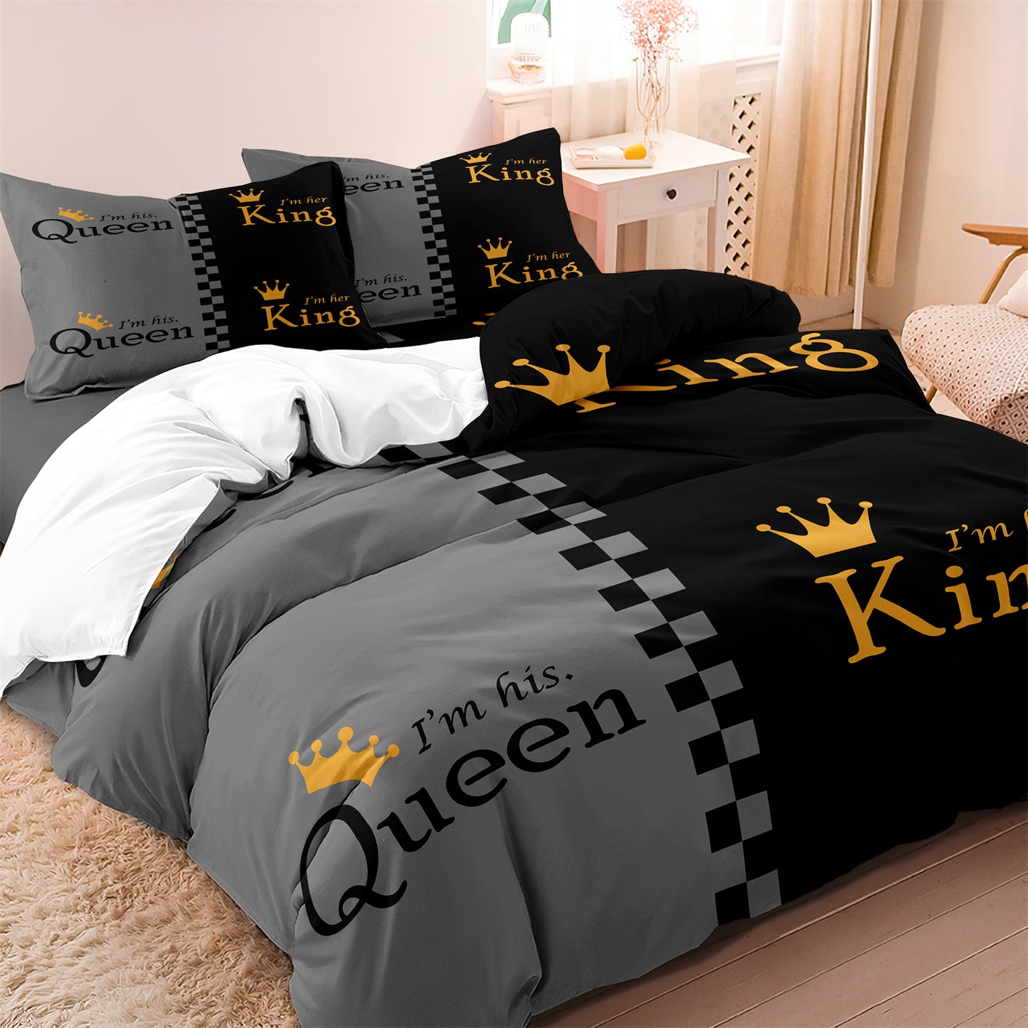 Dreammers King Queen Crown Couple Duvet Cover Set, Romantic Soft Bedding Set with Pillowcases