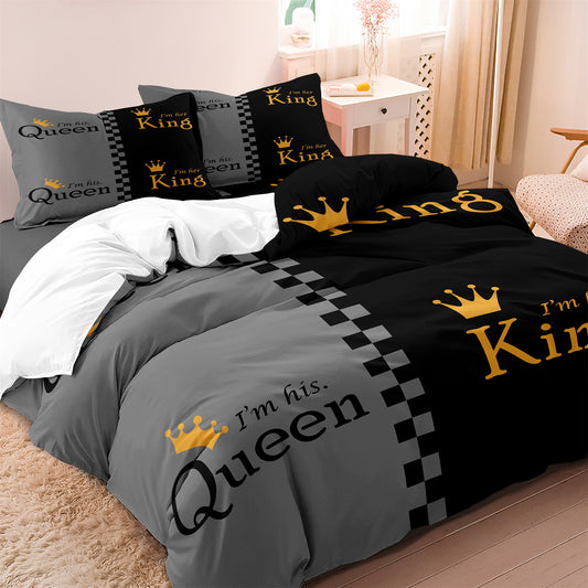 Dreammers King Queen Crown Couple Duvet Cover Set, Romantic Soft Bedding Set with Pillowcases