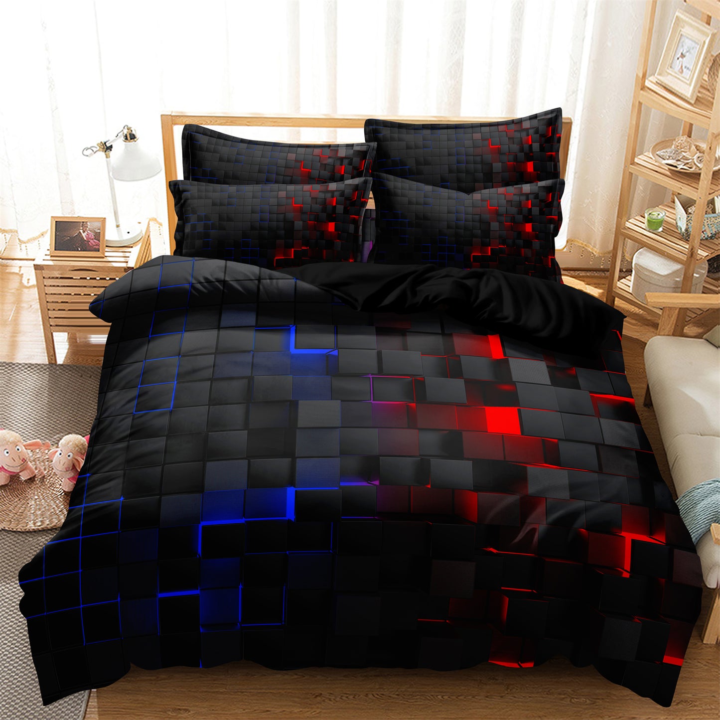 Dreammers 3D Red Blue Gradient Geometric Duvet Cover Set, Modern Soft Bedding Set with Pillowcases