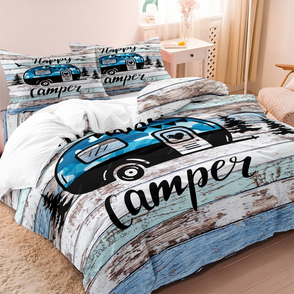 Dreammers Happy Camper Duvet Cover Set, Rustic Camper Van Soft Bedding Set with Pillowcases