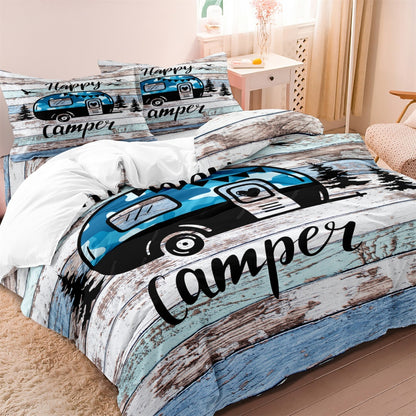 Dreammers Happy Camper Duvet Cover Set, Rustic Camper Van Soft Bedding Set with Pillowcases