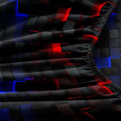 3D Red Blue Black Geometric Cube Fitted Sheet Set, Gamer Pixelated Soft Bed Sheet with Pillowcases