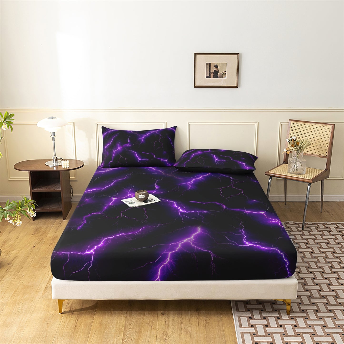 3D Purple Lightning Fitted Sheet Set, Gamer Thunderbolt Soft Bed Sheet with Pillowcases