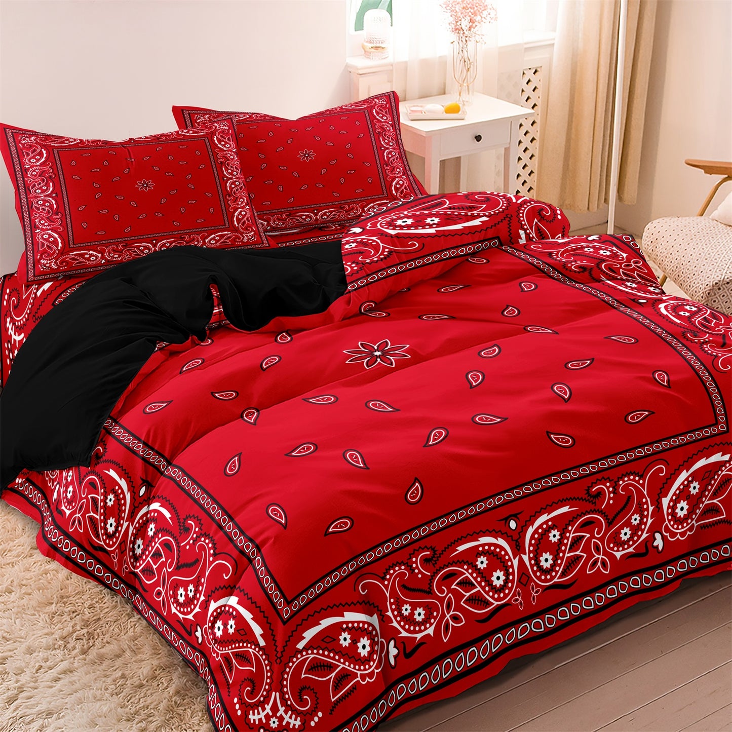 Dreammers Red Black Bandana Paisley Duvet Cover Set, Western Boho Soft Bedding Set with Pillowcases