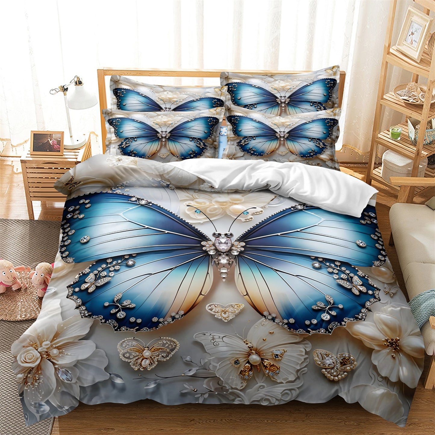 Dreammers Luxury 3D Blue Butterfly Jewelry Duvet Cover Set, Elegant Floral Soft Bedding Set with Pillowcases
