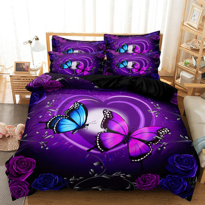 Dreammers 3D Purple Rose Butterfly Duvet Cover Set, Romantic Floral Soft Bedding Set with Pillowcases