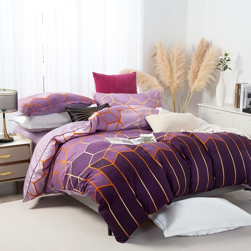 3Pcs Purple Geometric Printed Quilt Duvet Cover Bedding Set