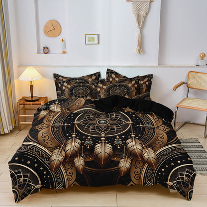 Dreammers Boho Gold Black Dreamcatcher Mandala Duvet Cover Set, Bohemian Soft Bedding Set with Pillowcases