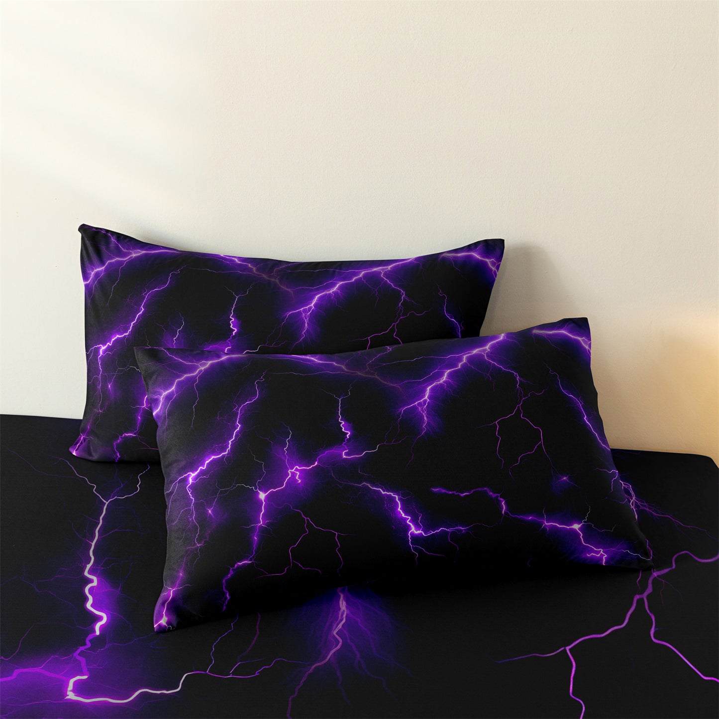 3D Purple Lightning Fitted Sheet Set, Gamer Thunderbolt Soft Bed Sheet with Pillowcases