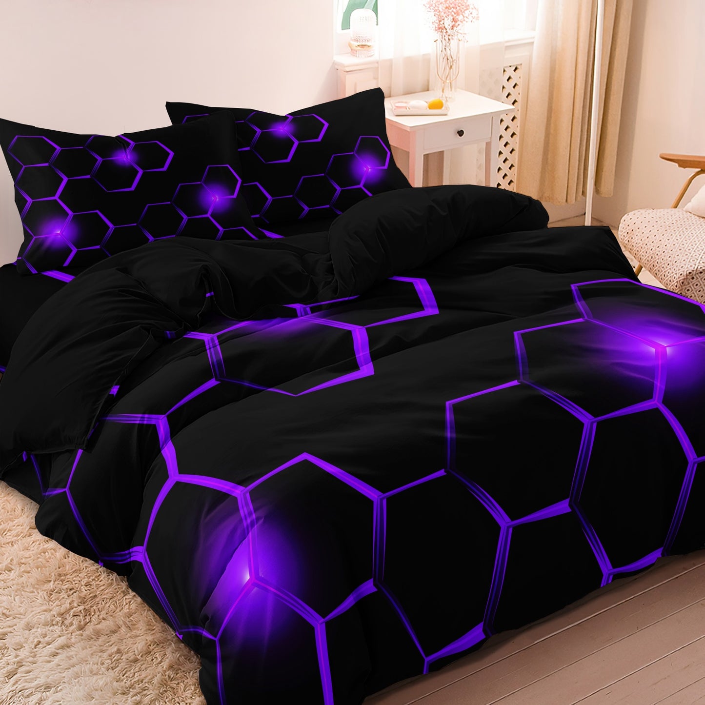 Dreammers 3D Purple Hexagon Duvet Cover Set, Modern Gamer Soft Bedding Set with Pillowcases