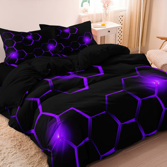 Dreammers 3D Purple Hexagon Duvet Cover Set, Modern Gamer Soft Bedding Set with Pillowcases