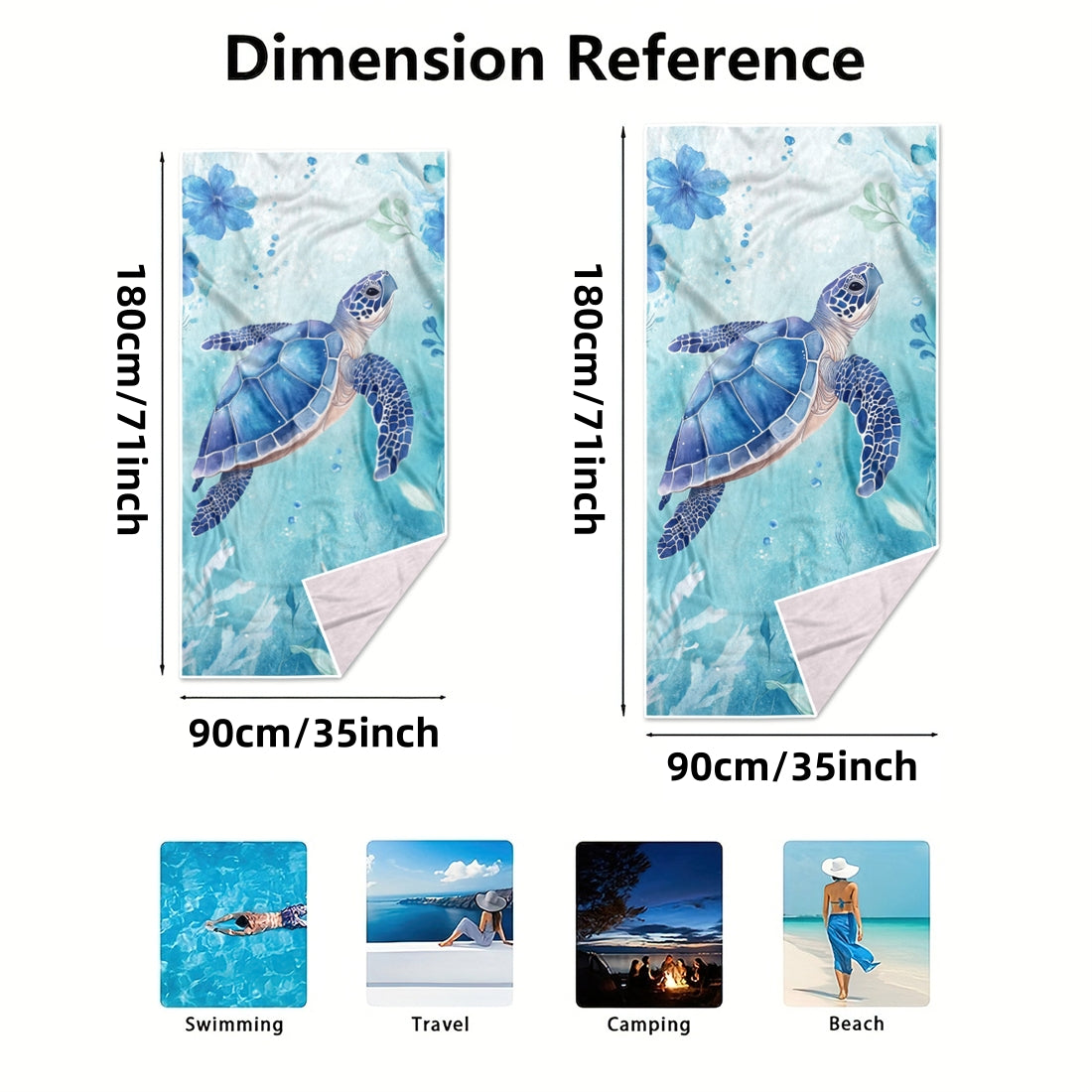 Dreammers Watercolor Sea Turtle Beach Towel, Tropical Ocean Quick Dry Soft Bath Towel