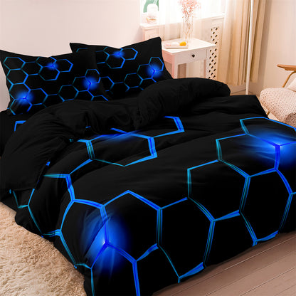 Dreammers 3D Blue Honeycomb Geometric Duvet Cover Set, Futuristic Tech Soft Bedding Set with Pillowcases