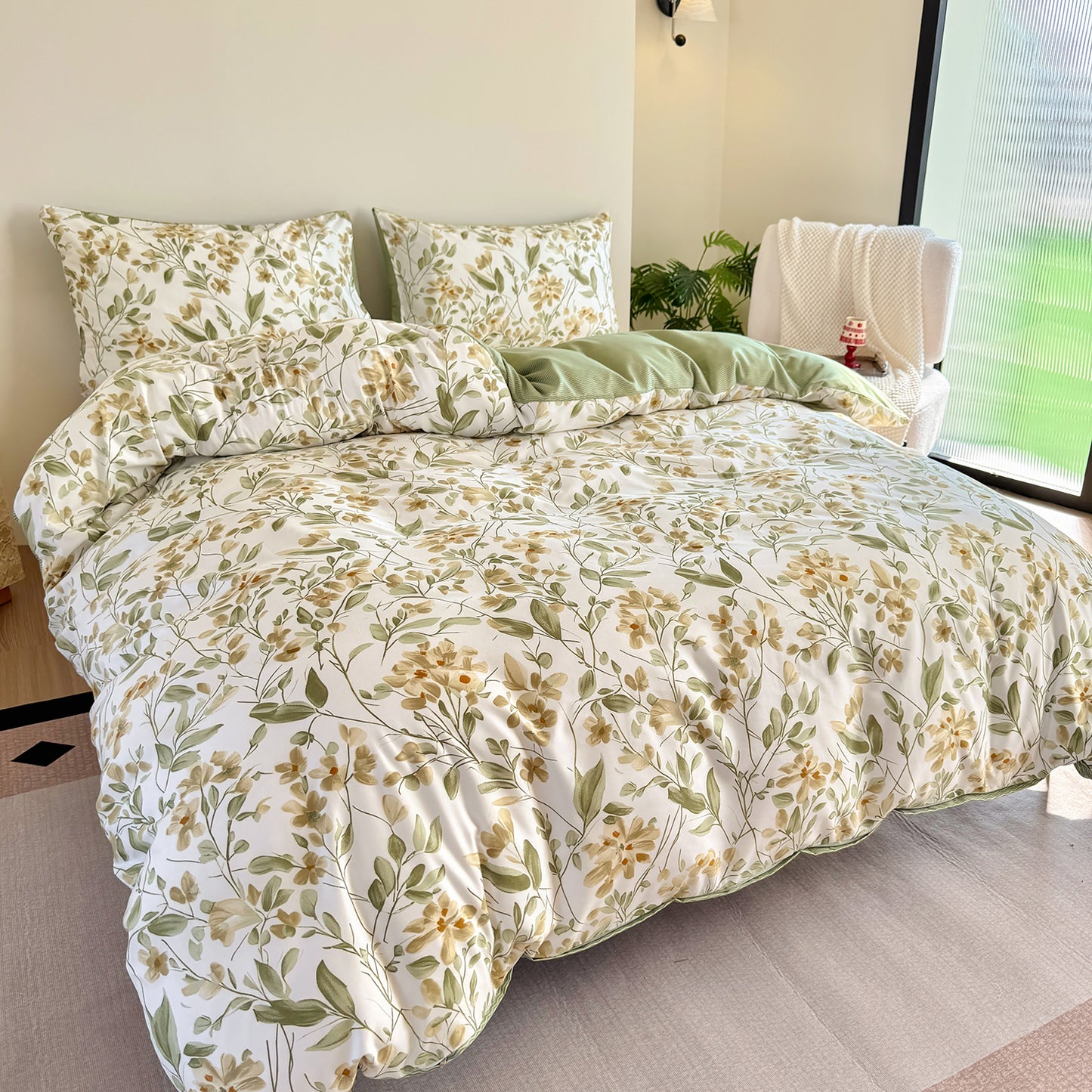 3Pcs Grass Green Double Sided Plant Printed Quilt Duvet Cover Bedding Set