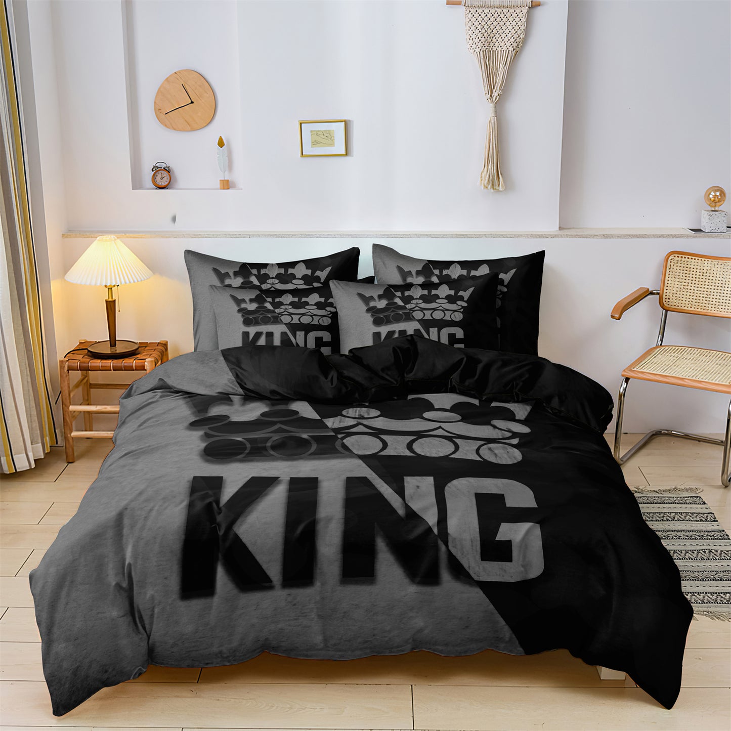 Dreammers King Crown Duvet Cover Set, Black Grey Modern Soft Bedding Set for Men