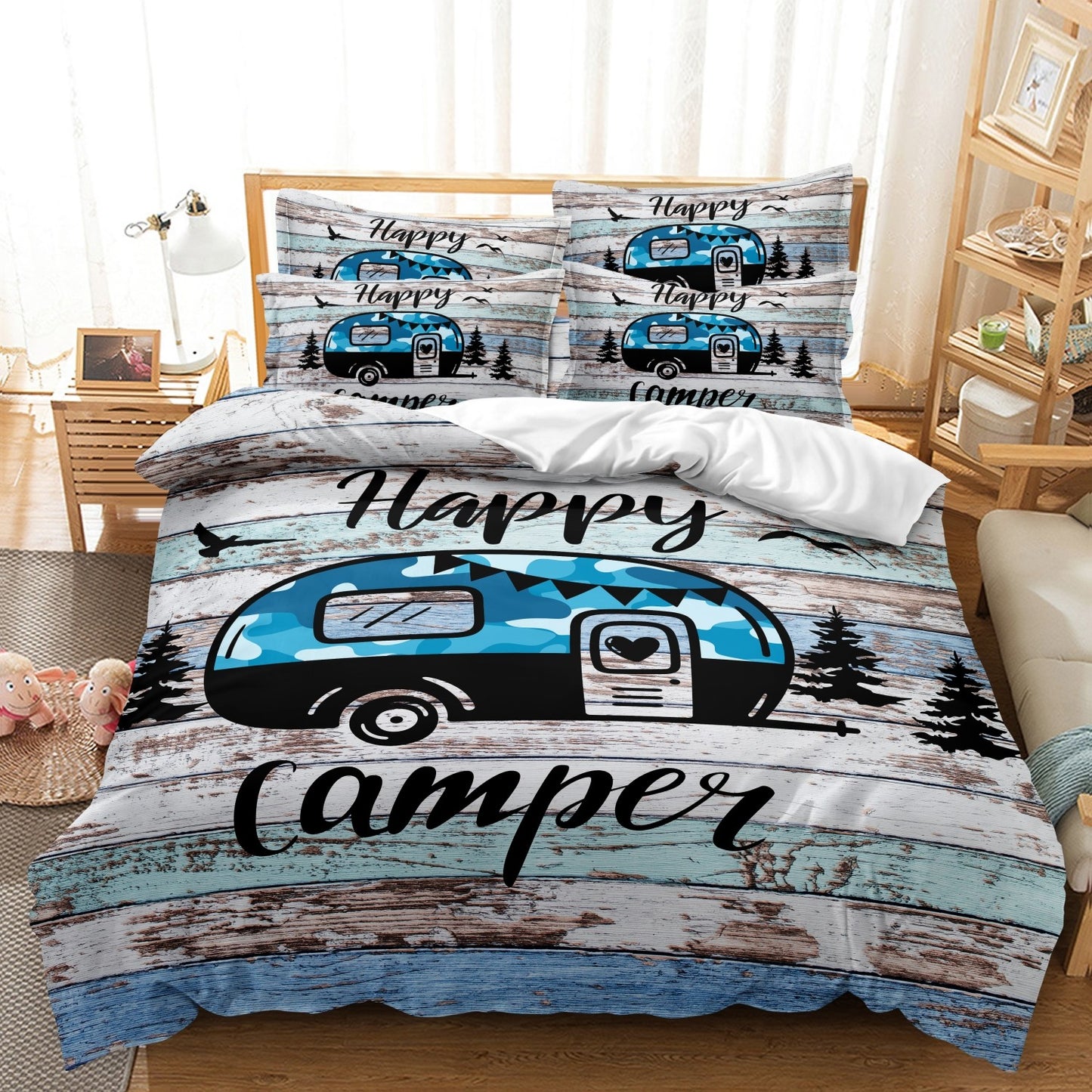 Dreammers Happy Camper Duvet Cover Set, Rustic Camper Van Soft Bedding Set with Pillowcases