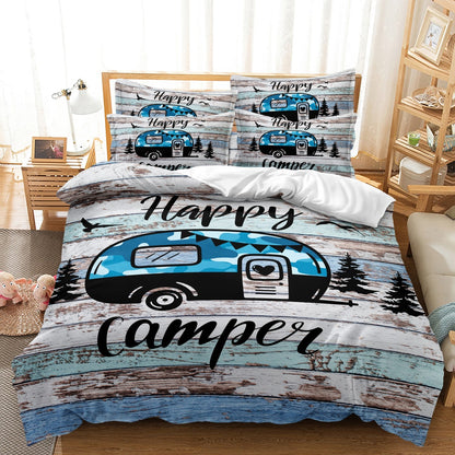 Dreammers Happy Camper Duvet Cover Set, Rustic Camper Van Soft Bedding Set with Pillowcases